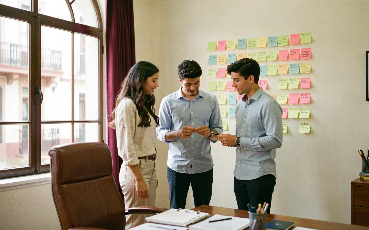 Equipo pequeño de una agencia trabajando frente a una pared de notas
